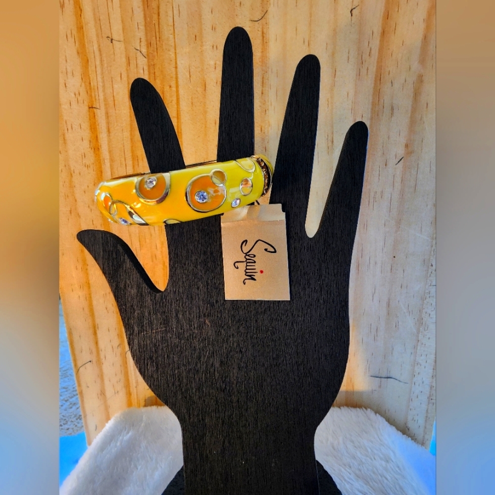 STUNNING Sequin™ Yellow Enamel & Crystal Hinged Bangle Bracelet – NWT